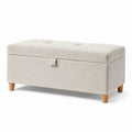 Rechteckige Aufbewahrungsbank mit Polsterung und Holzbeinen, Beige