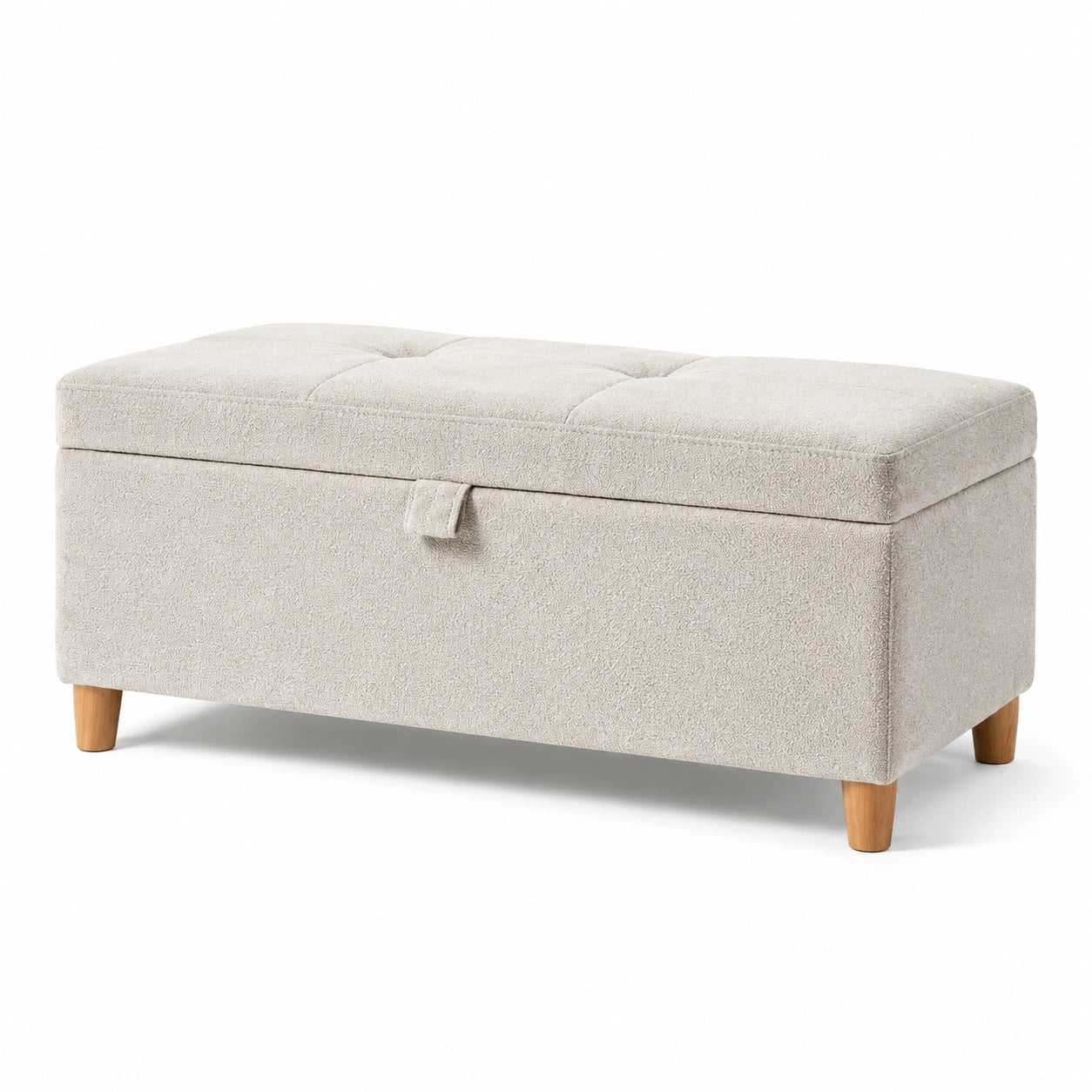 Rechteckige Aufbewahrungsbank mit Polsterung und Holzbeinen, Beige