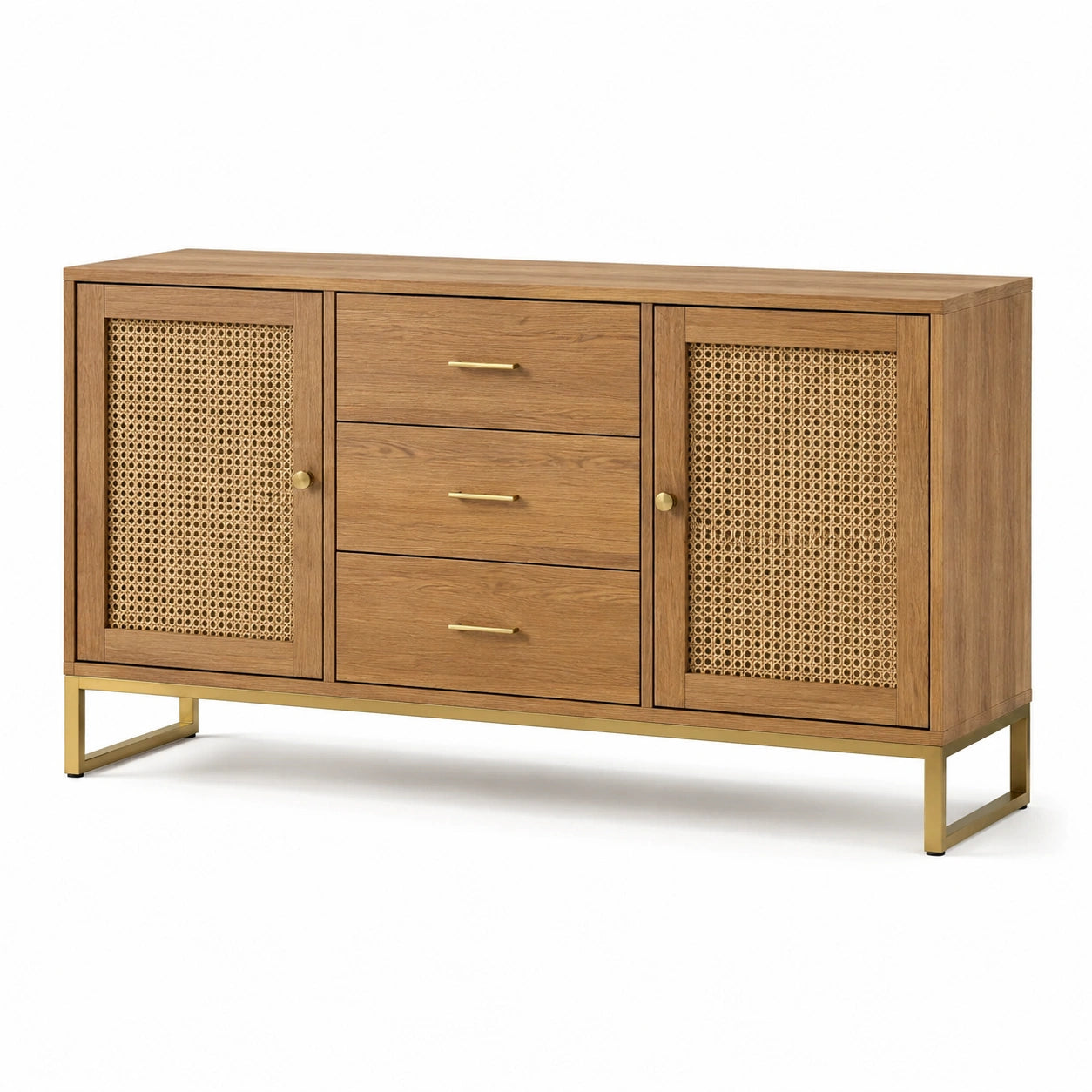 Eichenholz Sideboard mit Rattan Türen und Messingdetails