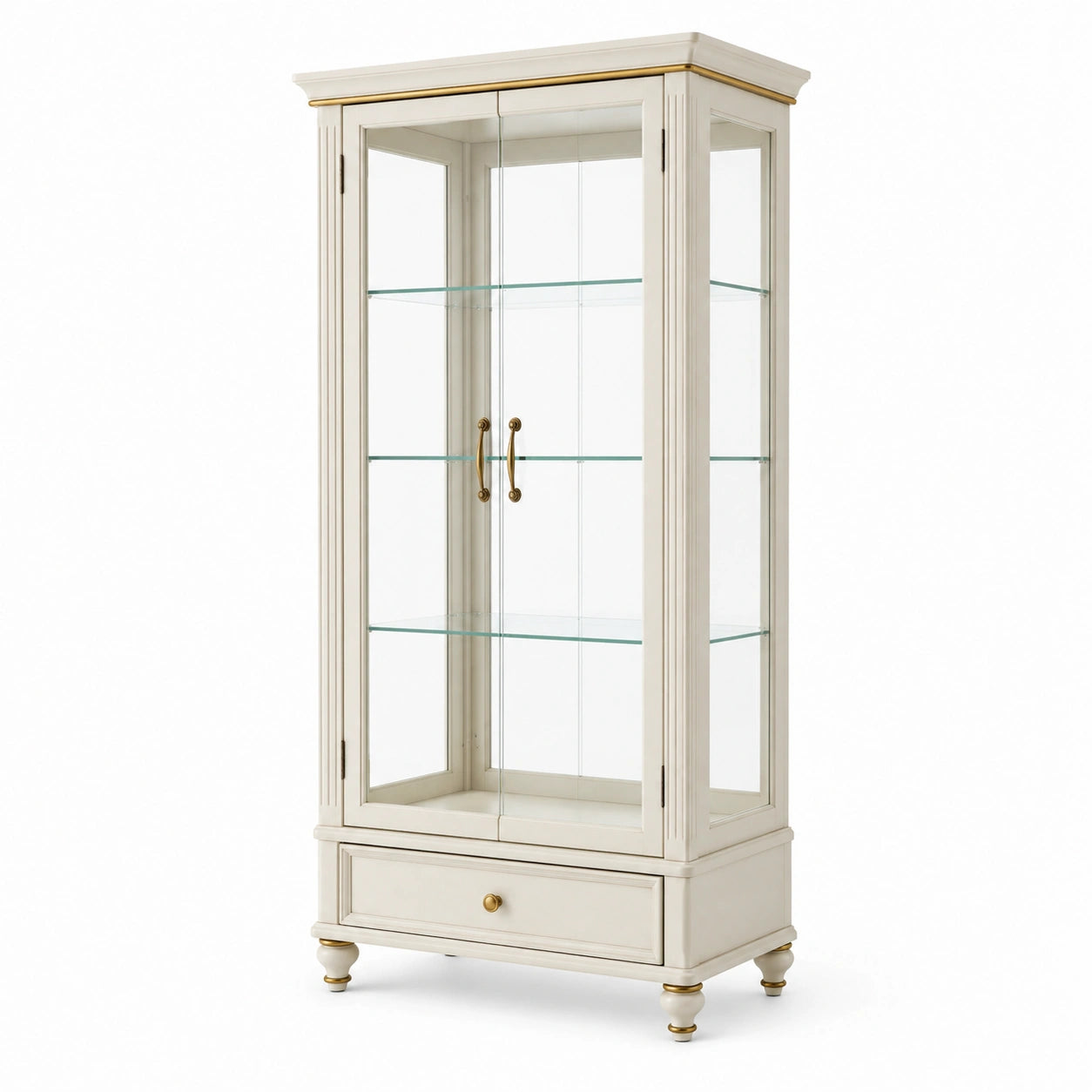 Vitrine aus Holz mit gehärtetem Glas und Schublade, Beige, 180cm x 80cm x 40cm