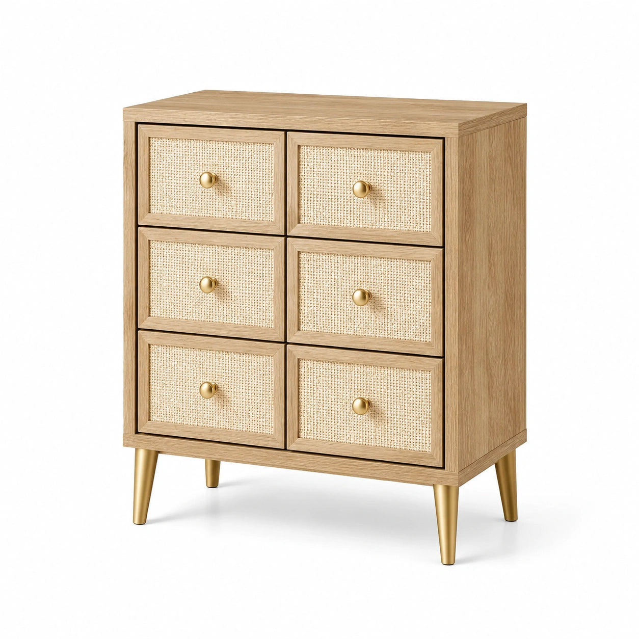 Holzkommode mit 6 Schubladen und Rattan-Geflecht Gold