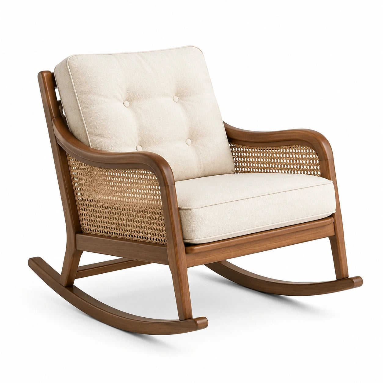 Schaukelstuhl aus Holz mit Rattan-Geflecht, beige