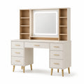 Holz-Schminktisch mit LED-Spiegel und Regalen, Beige