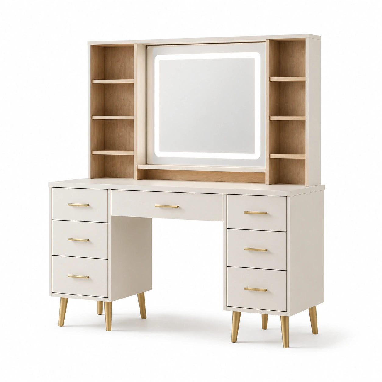 Holz-Schminktisch mit LED-Spiegel und Regalen, Beige