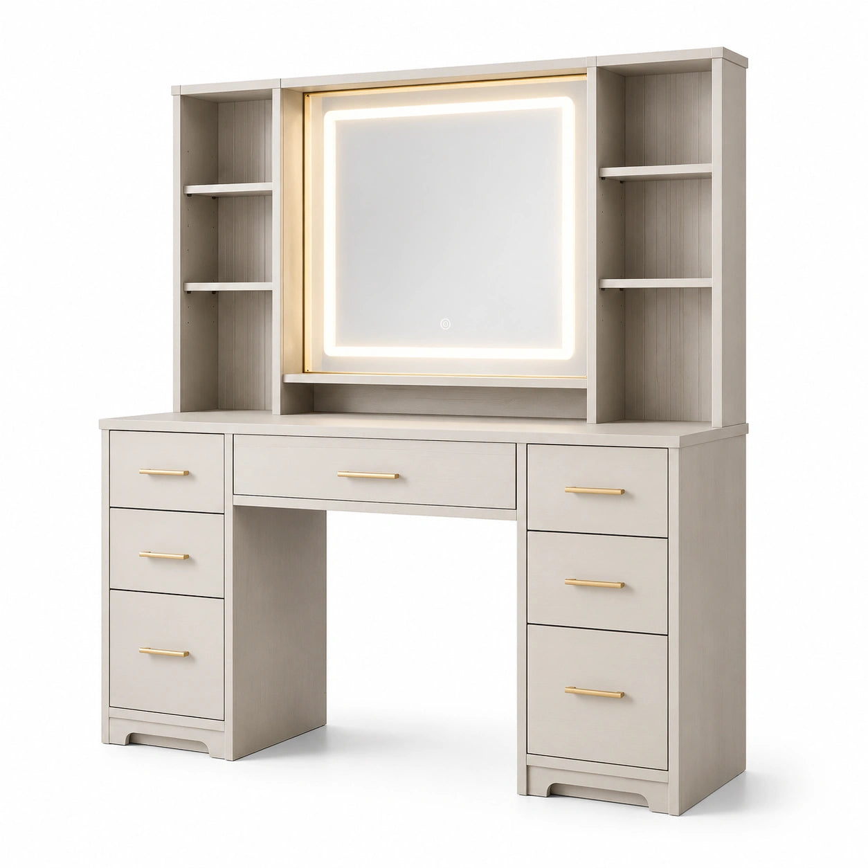 Schminktisch mit LED-Beleuchtung, 6 Schubladen, 4 Regale, Beige